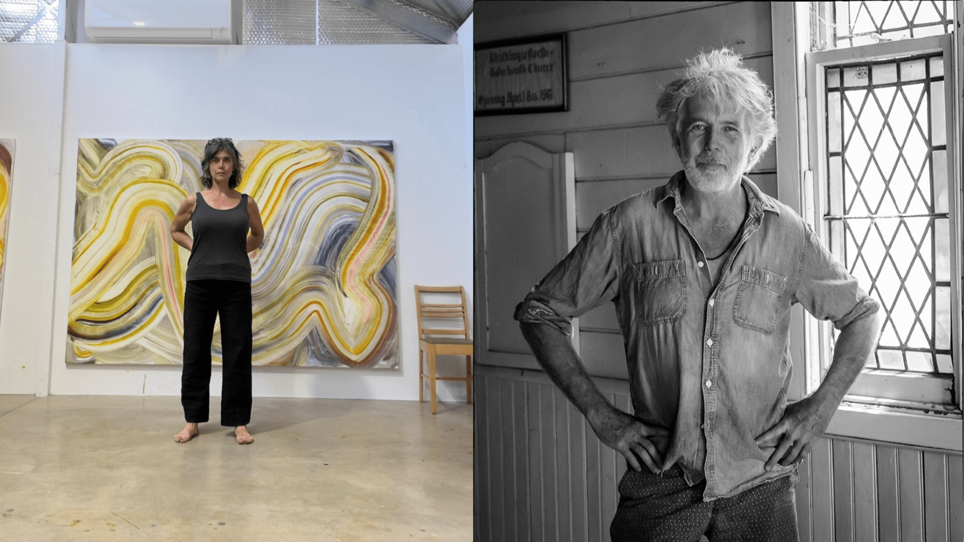 Composite image two photos; left photo shows a woman standing in an art studio; right photo is a black and white portrait of a man
