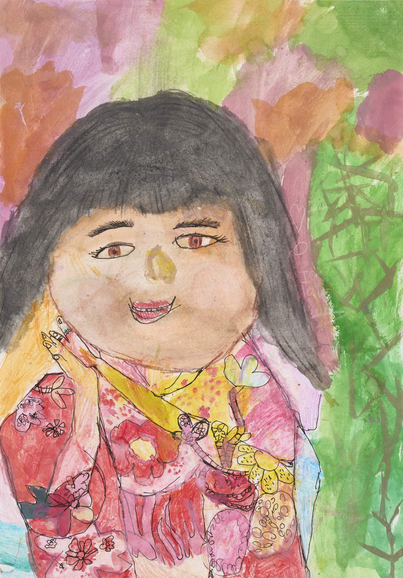 Drawing of a young girl wearing a floral kimono
