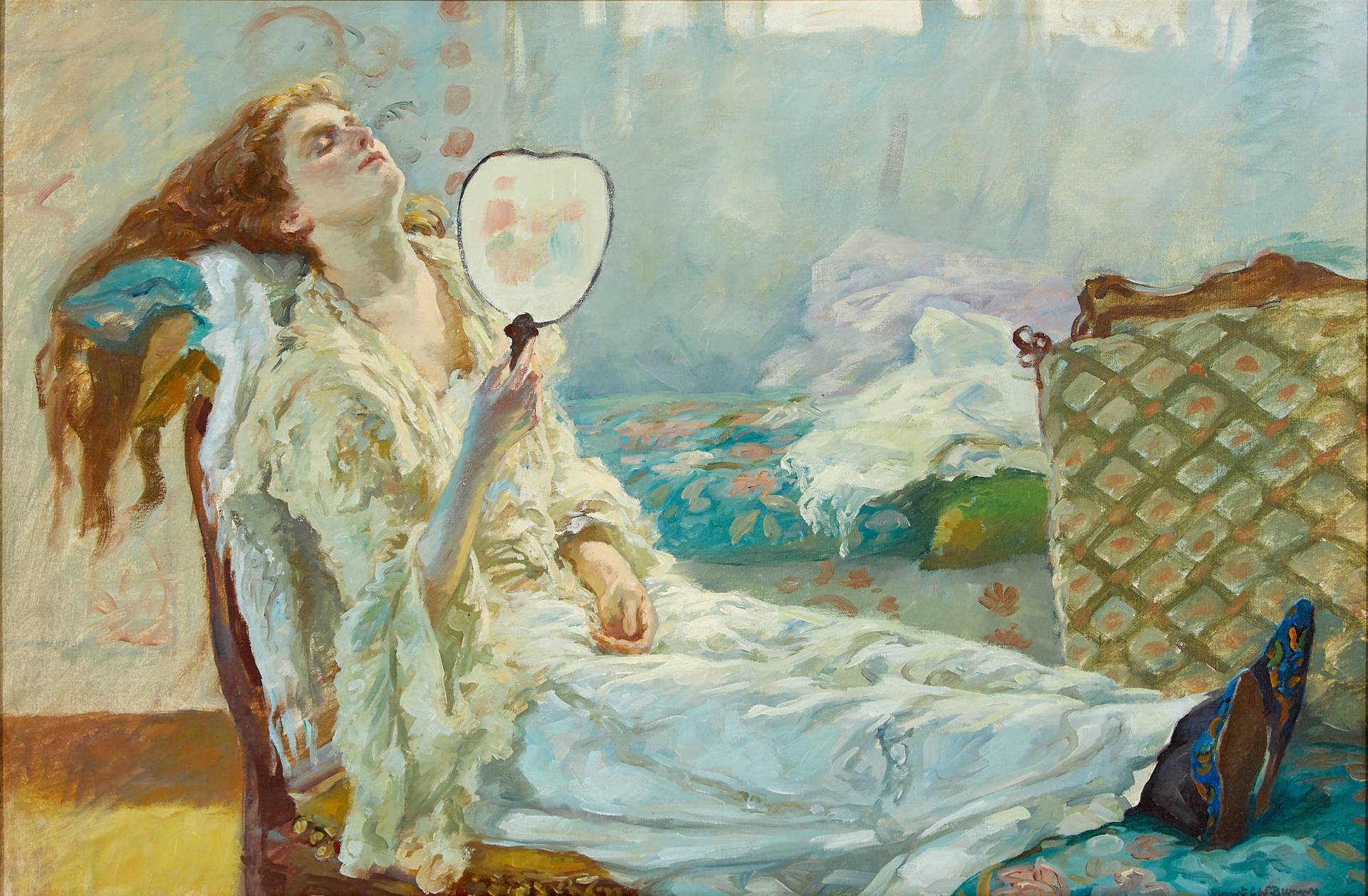 Impressionist painting of a woman reclining on a day bed drying her hair and holding a mirror